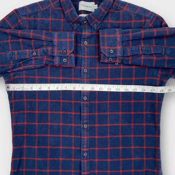 Farah Shirt Mens Small Slim Fit Flannel Windowpane Check Navy Logo Button Down - Picture 11 of 13